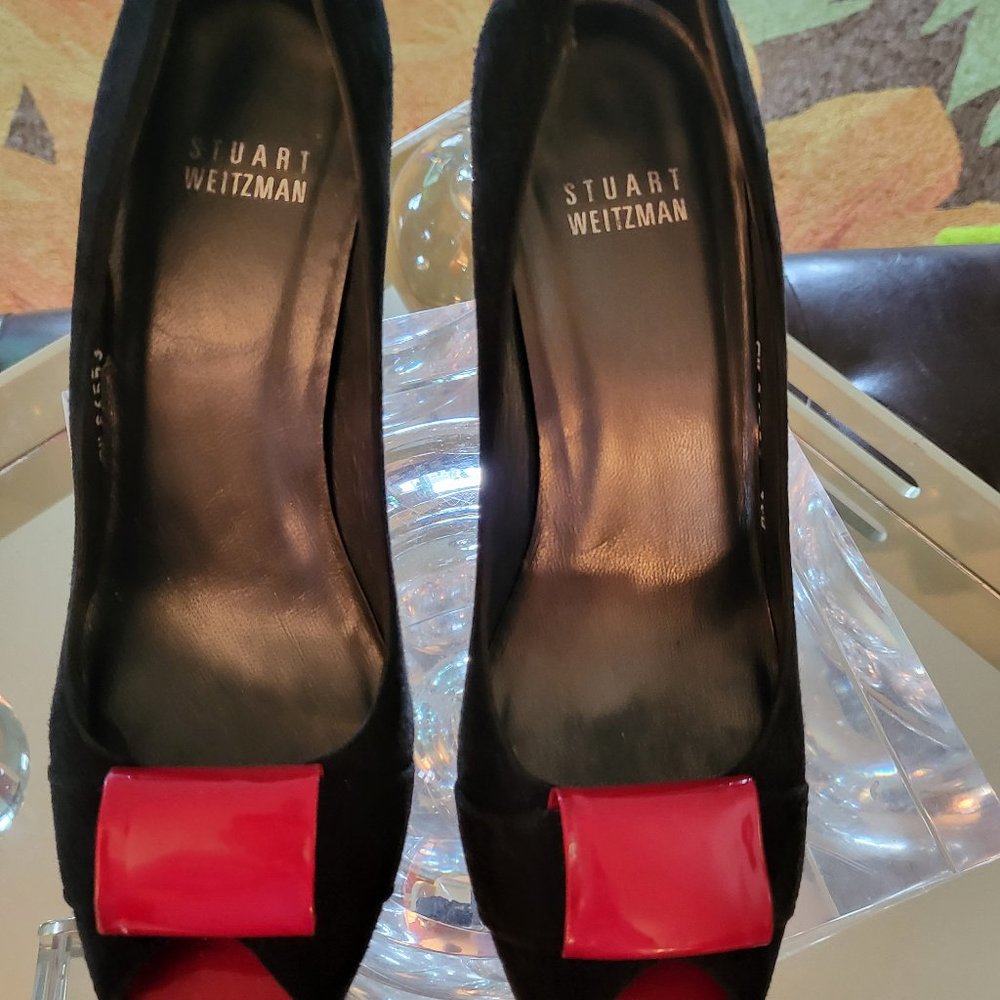 Stuart Weitzman Patent And Suede Peep Toe Platfor… - image 1